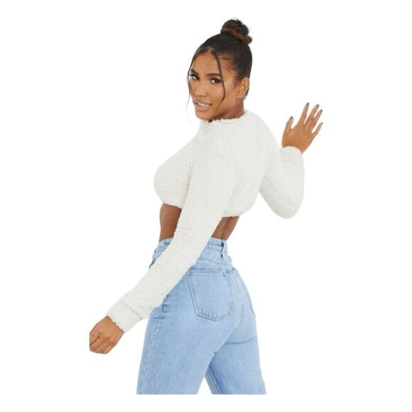 PrettyLittleThings Borg Teddy Fleece Sweatshirt Cream Long Sleeve Cropped S - Picture 3 of 9